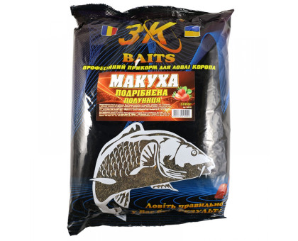 Прикормка 3К Baits макуха смажена подрібнена (полуниця) 1000г.