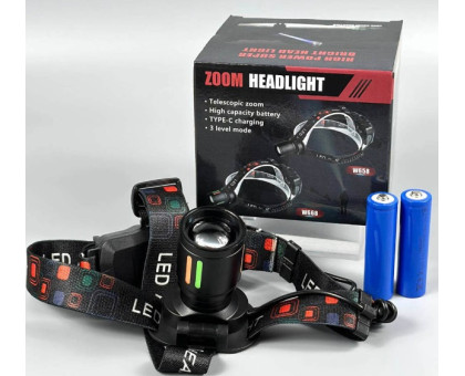 Фонарик на лоб NIGHT VISION FLUORESCENCE W668-TG, 2x18650, ЗУ Type-C, zoom